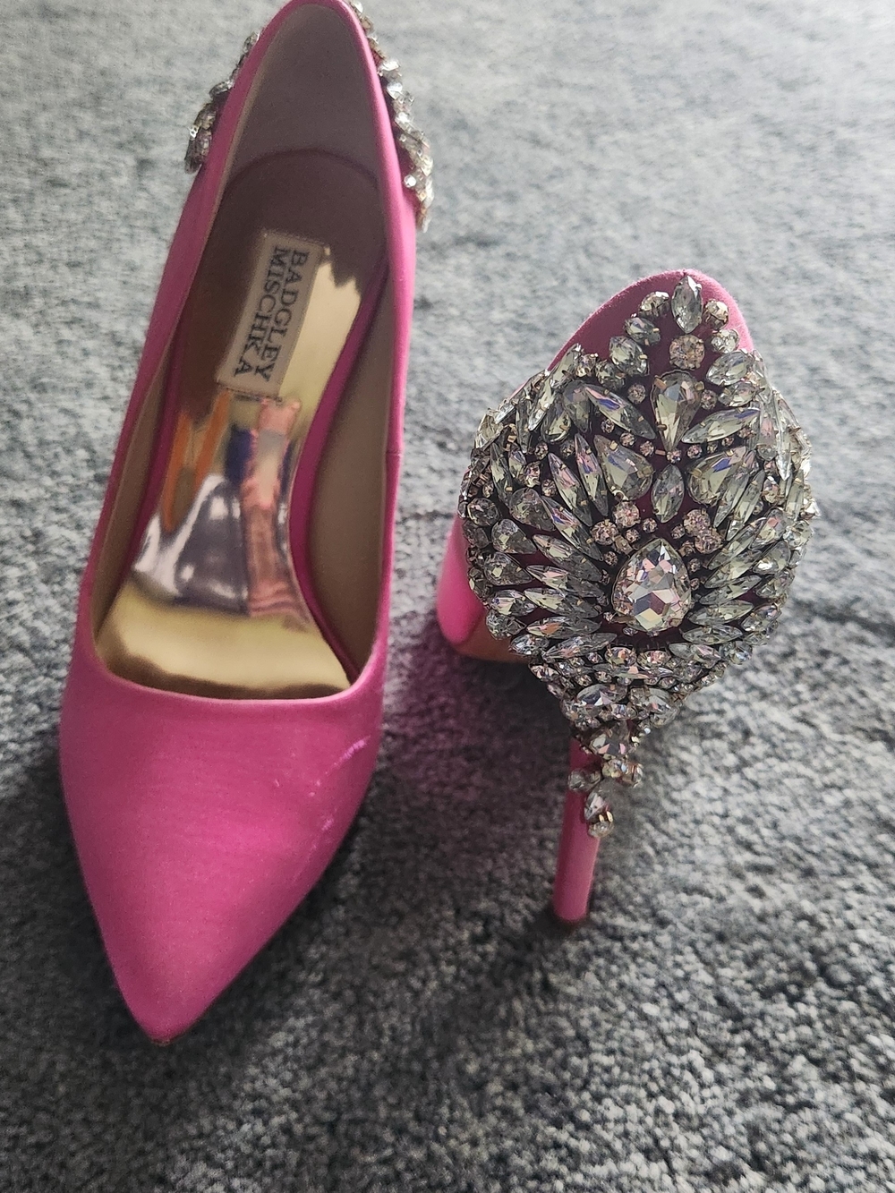 Badgley Mischka Hot Pink Satin Crystal-Embellished Pumps